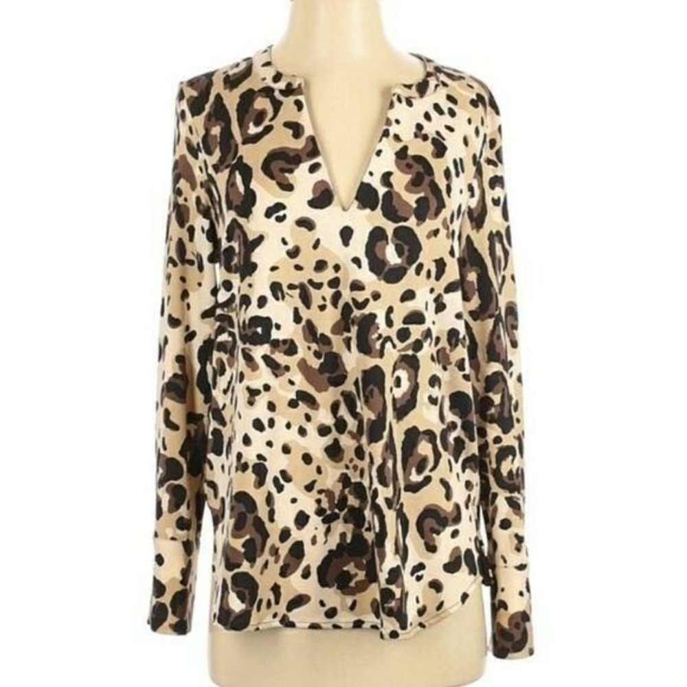 JB Julie Brown Work Career Split Collar Long Sleeve Animal Print Blouse Top Sz S